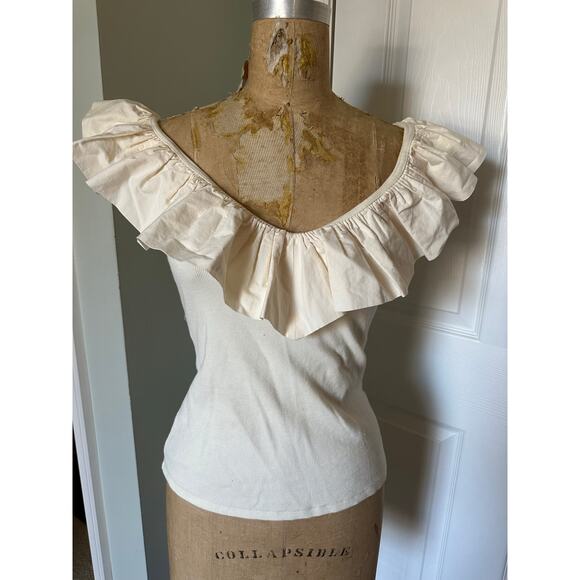 Maeve anthropologie Cream Ribbed Tank Top W/ Ruffle Neckline Sz S - Picture 5 of 15